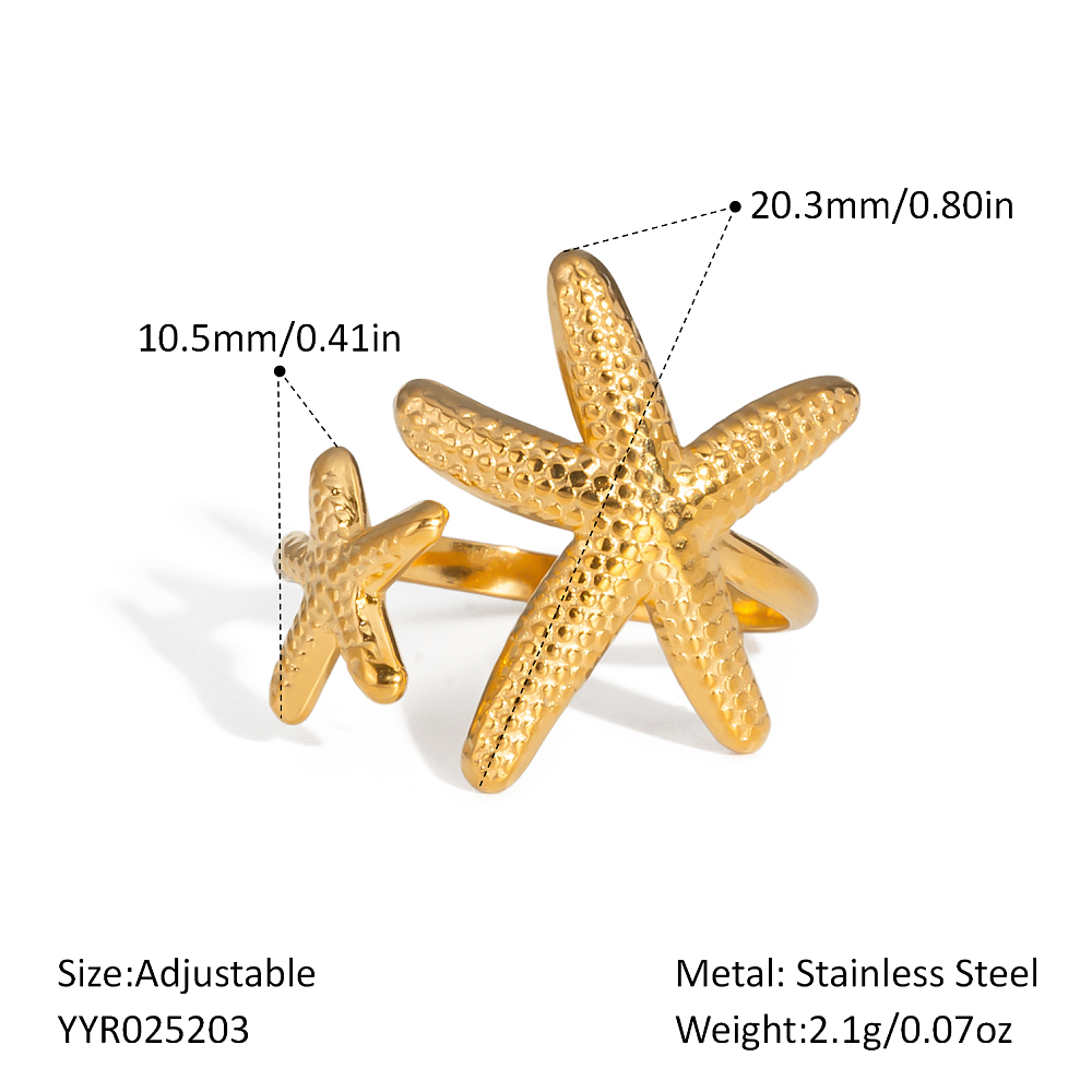 18K Gold-Plated Stainless Steel Starfish Ocean Star Band Adjustable Cuff Ring R78 product image 1