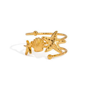18K Gold-Plated Stainless Steel Shell Starfish Ocean Star Adjustable Cuff Ring R82 product image 1