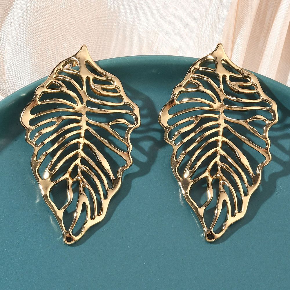 18K Gold-Plated Stainless Steel Leaf Polished Shiny Leaf-Shaped Cut-Out Patterns Stud Earrings 2.26 in E57 product image 1