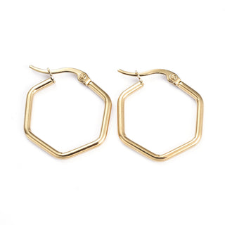 Stainless Steel Hexagon Pin Angular Polished Shiny Hoop Earrings Gold 1.1 in E77 product image 1