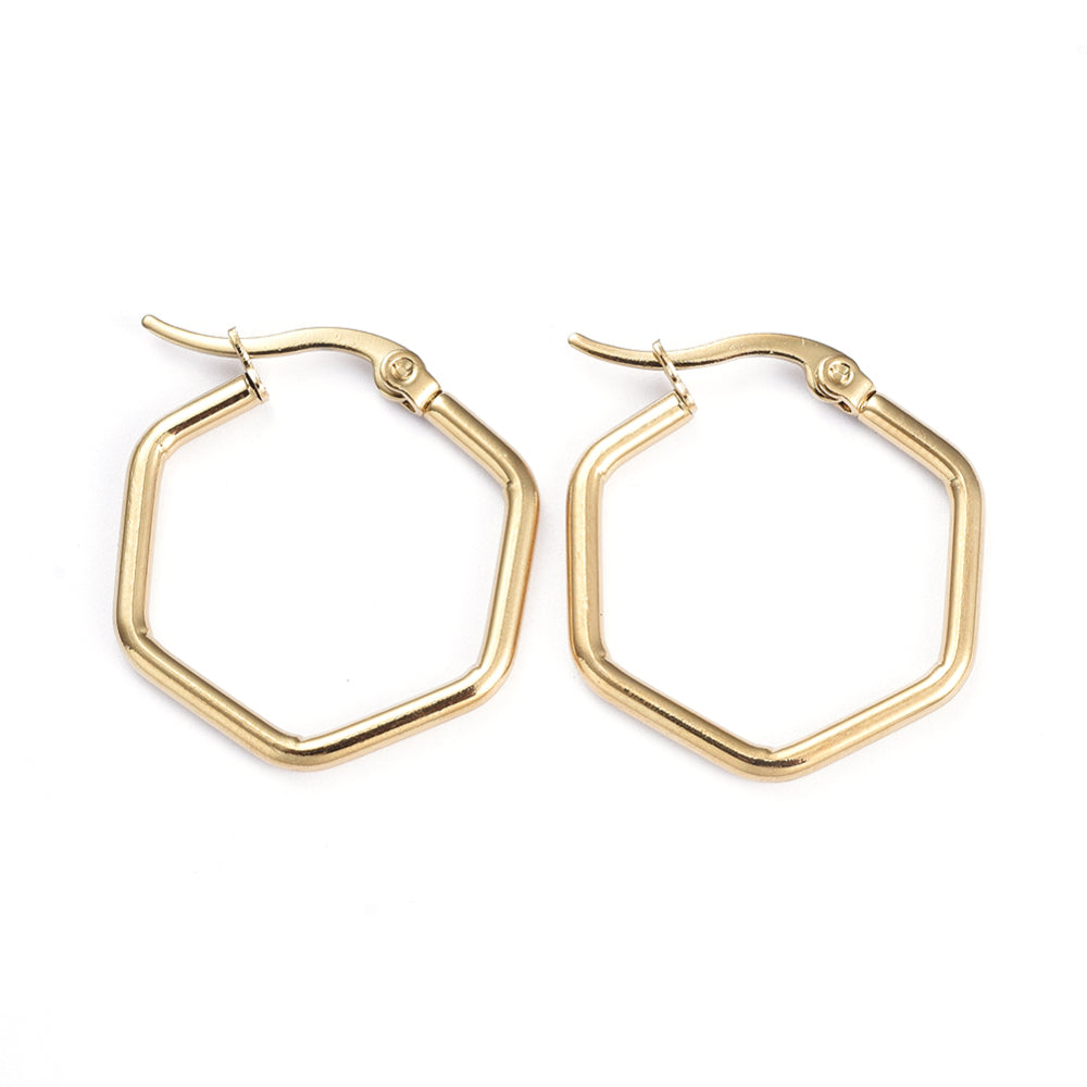 Stainless Steel Hexagon Pin Angular Polished Shiny Hoop Earrings Gold 1.1 in E77 product image 1
