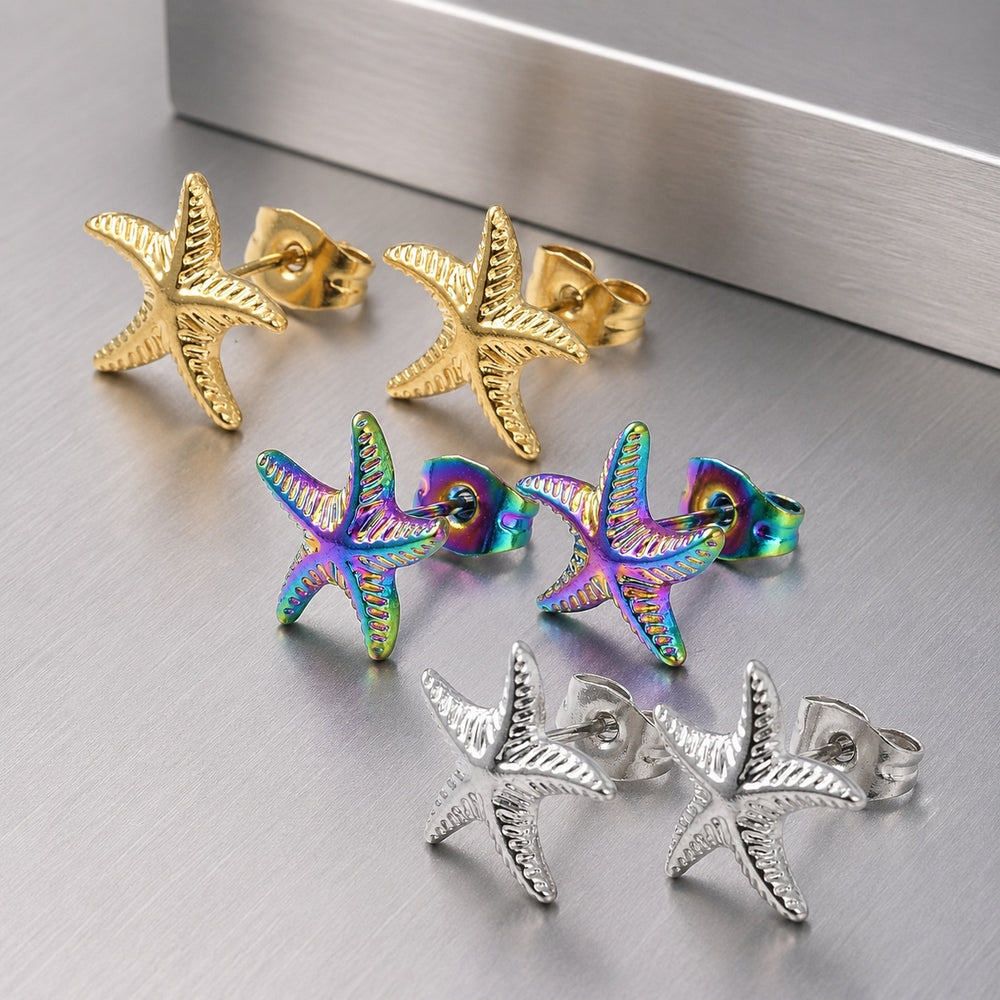 Stainless Steel Starfish Rainbow Color Womens Polished Star Push-Back Post Stud Earrings Silver Gold 12mm E78 product image 1