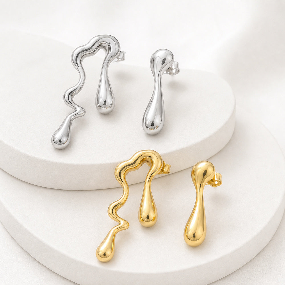 Stainless Steel Womens Shiny Teardrop Flowing Stud Earrings Silver Gold 1.52 in E105 product image 1
