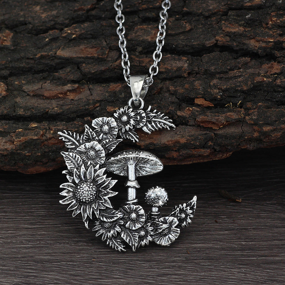 Moon Flower Mushroom Extender Polished Pendant Necklace Antique Silver 19.69 in N75 product image 1