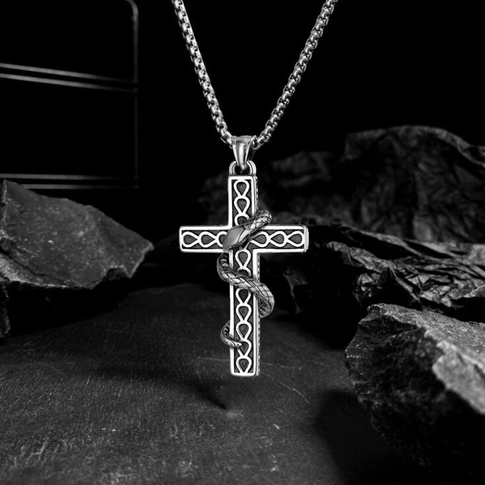 Stainless Steel Cross Snake Mens Polished Pendant Necklace Antique Silver 23.62 in N83 product image 1