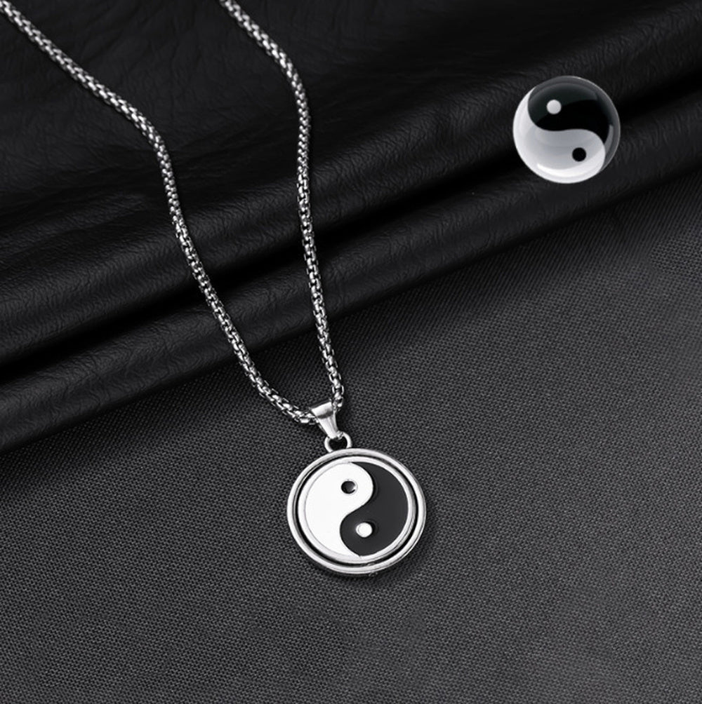 Stainless Steel Enamel Yin-yang Mens Glossy Pendant Necklace Silver 23.62 in N89 product image 1