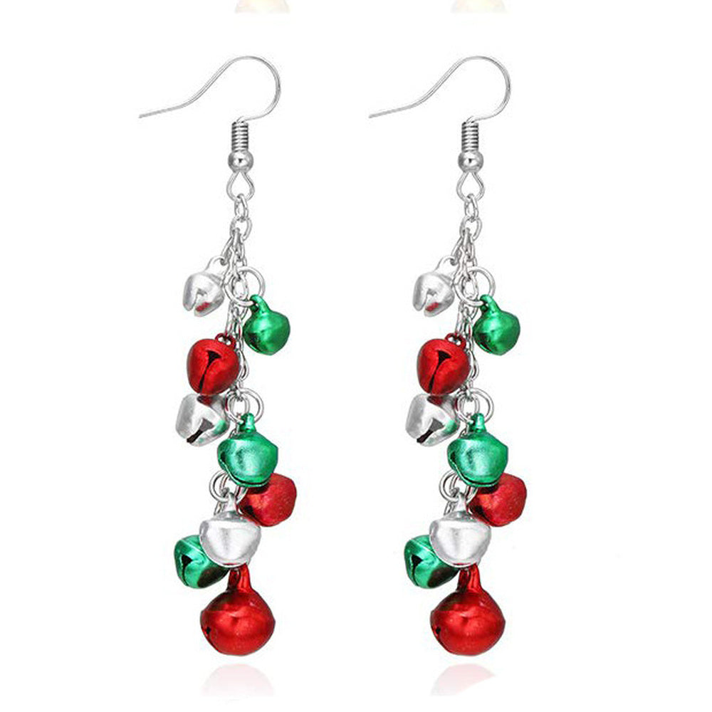 Enamel Christmas Theme Drop Bell Holiday Shiny Dangle Earrings Silver Red 2.5 in E135 product image 1