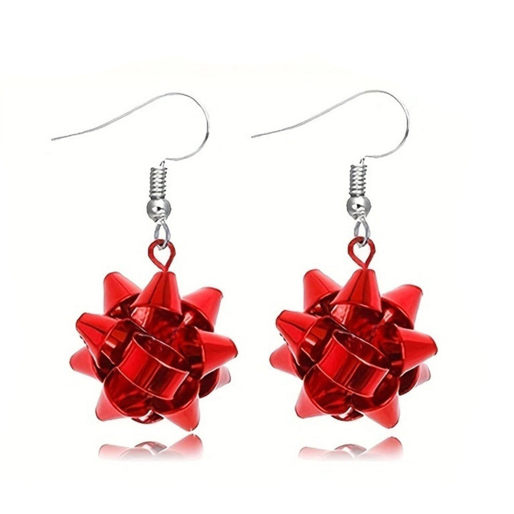 Enamel Christmas Theme Drop Flower Shiny Bow-Shaped Dangle Earrings Silver Red 1.6 in E136 product image 1