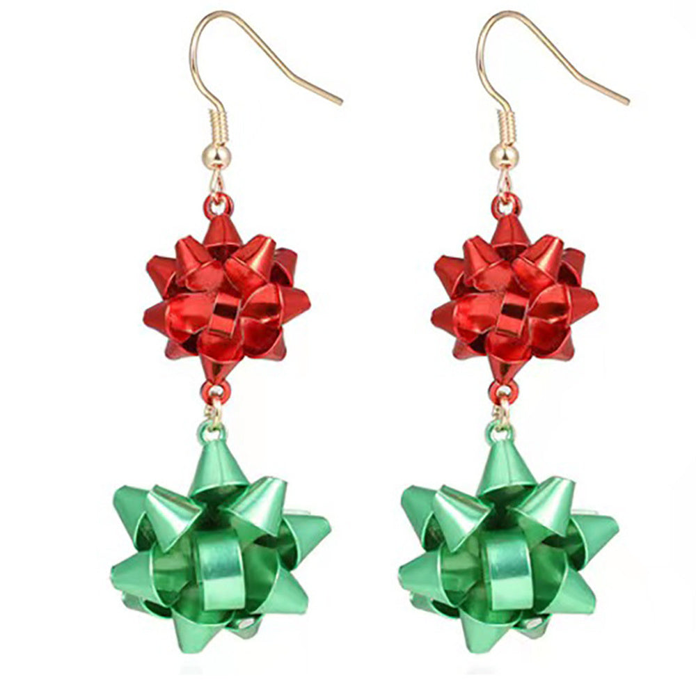 Enamel Christmas Theme Drop Flower Holiday Shiny Dangle Earrings Gold 2.36 in E139 product image 1