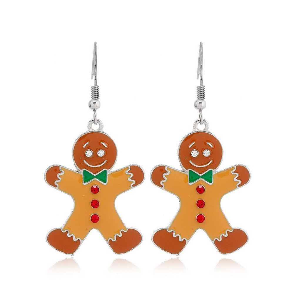 Enamel Christmas Theme Drop Gingerbread Man Hooks Dangle Earrings Silver 1.97 in E142 product image 1