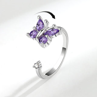 Cubic Zirconia Butterfly Fidget Spinner Polished Adjustable Open Cuff Ring Silver R100 product image 1