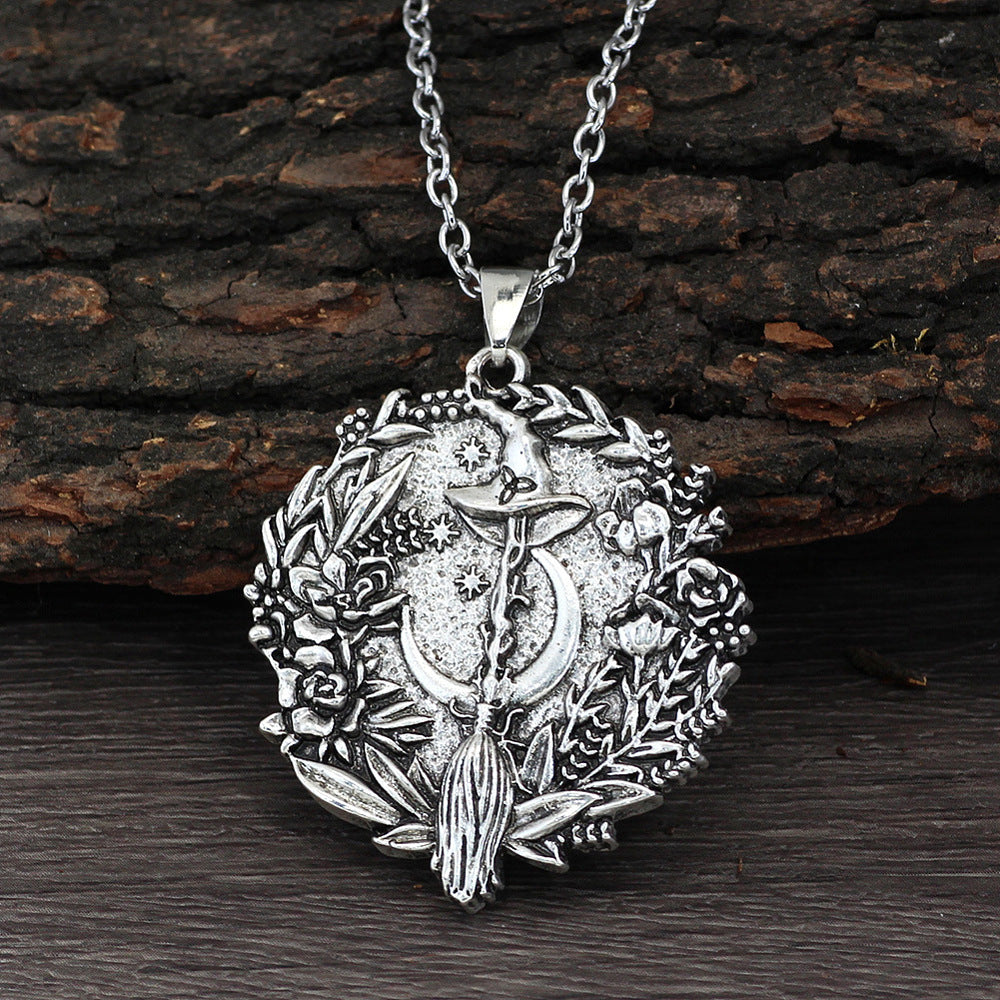 Flat Round Extender Womens Polished Textured Flower Moon Pendant Necklace Antique Silver 19.69 in N96 product image 1