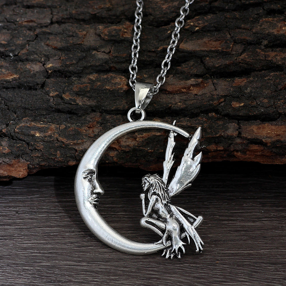 Angel Fairy Moon Extender Womens Polished Pendant Necklace Antique Silver 19.69 in N98 product image 1
