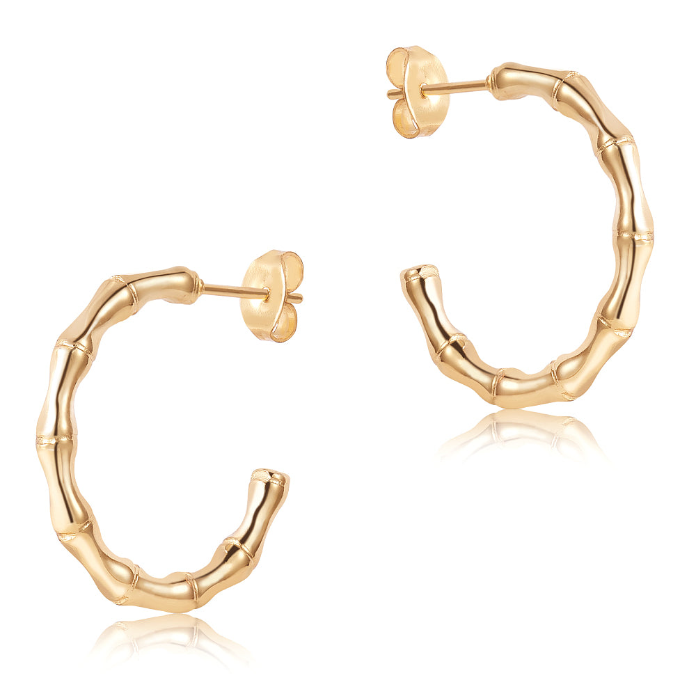 Stainless Steel Bamboo Womens Polished Hoop Bamboo-Inspired Texture Stud Earrings Gold 0.96 in E157 product image 1
