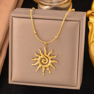 Stainless Steel Sun Ball Snake Chain Womens Sun-Shaped Radiating Rays Central Spiral Design Pendant Necklace Gold 16.02 in