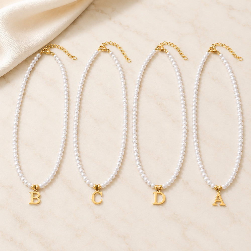 Stainless Steel Pearl Letter Band Polished Pendant Necklace White Gold 16.22 in N135 product image 1