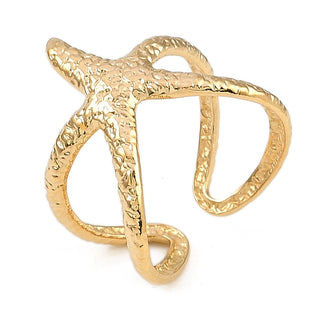 18K Gold-Plated Stainless Steel Starfish Womens Hammered Textured Star Cross Adjustable Open Cuff Ring R143 product image 1