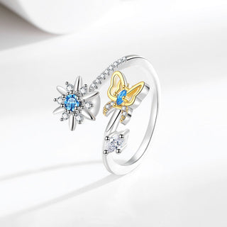 Cubic Zirconia Micro Pave Rotating Flower Worry Polished Butterfly Floral Adjustable Cuff Ring Silver R166 product image 1