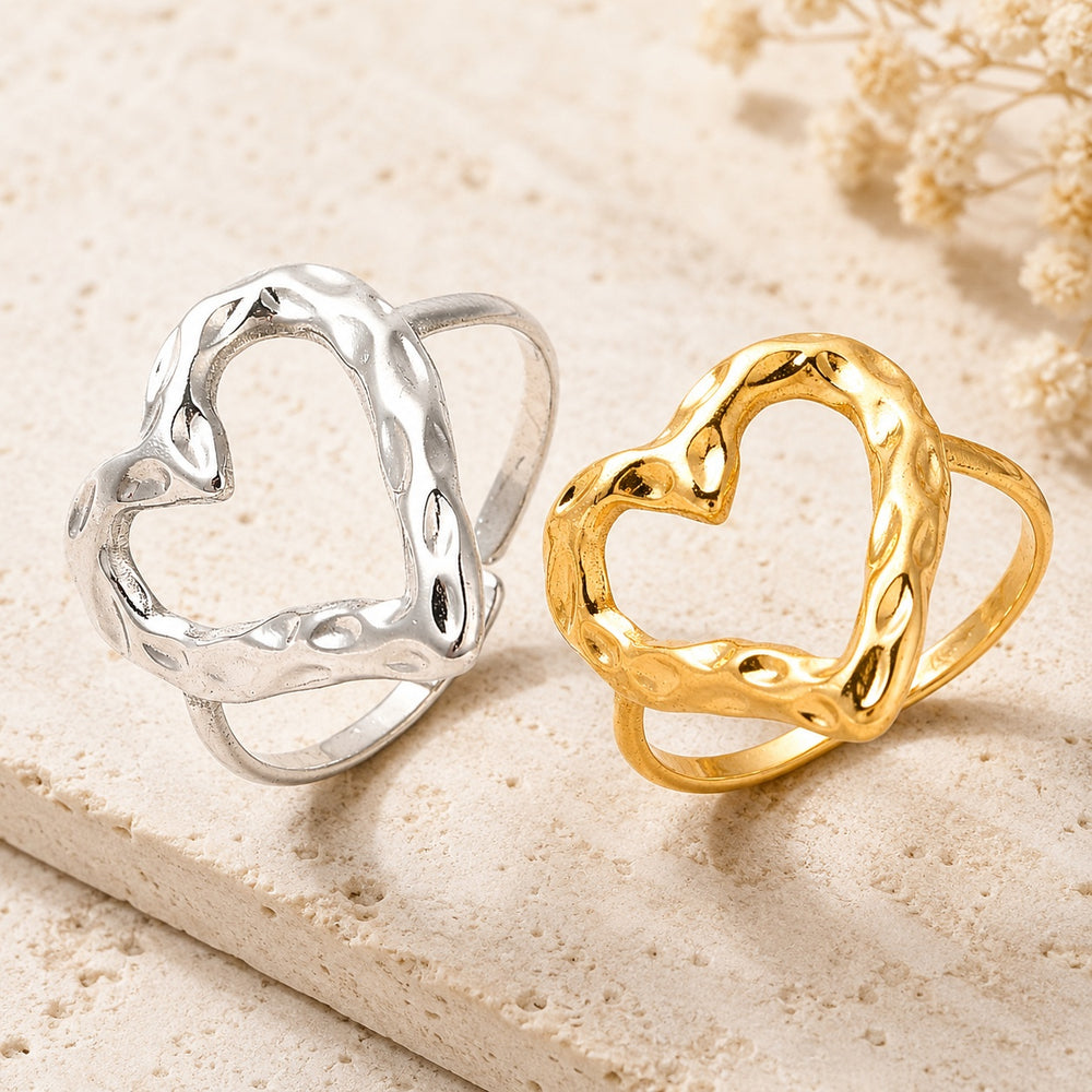 18K Gold-Plated Stainless Steel Heart Textured Adjustable Open Cuff Ring Silver R172 product image 1