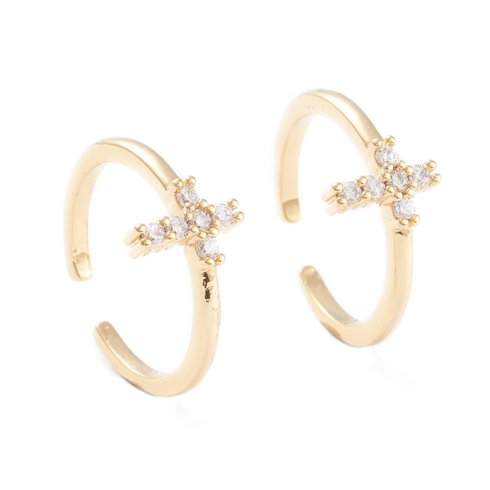 18K Gold-Plated Cubic Zirconia Micro Pave Cross Smooth Polished Adjustable Cuff Ring Clear R176 product image 1