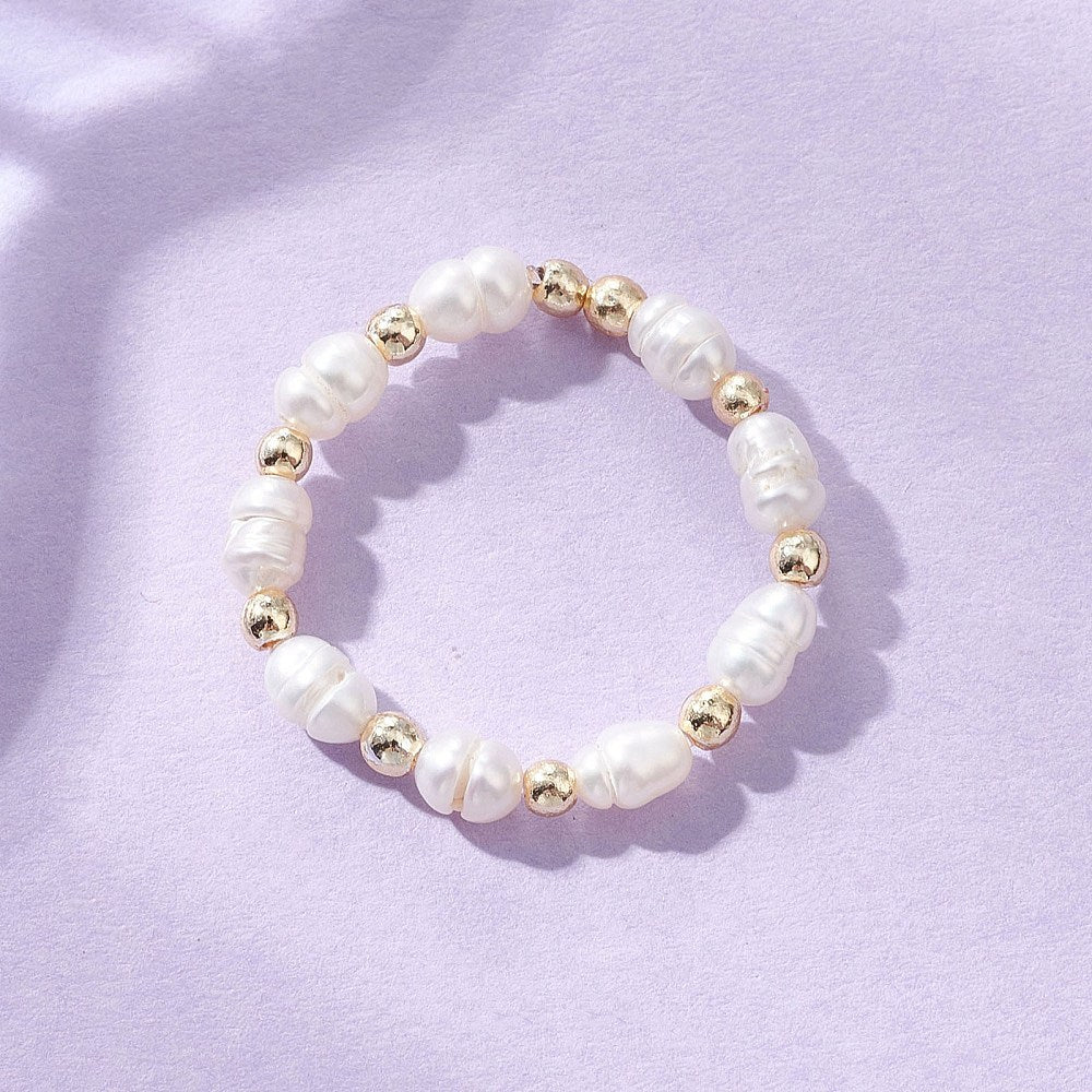 Pearl Stretch Rice Round Crystal Wide Smooth Lustrous Adjustable Beaded Ring Gold 3.5mm R198 product image 1