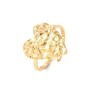18K Gold-Plated Stainless Steel Heart Womens Textured Adjustable Open Cuff Ring R201 product image 1