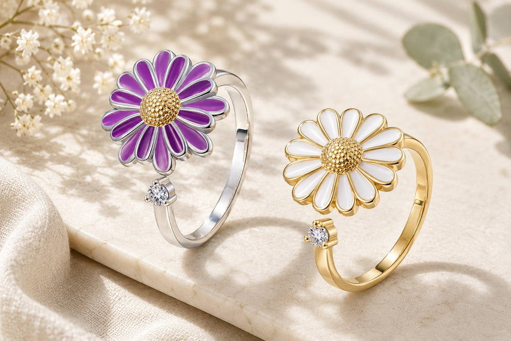 Cubic Zirconia Enamel Daisy Fidget Spinner Worry Flower Adjustable Cuff Ring Gold R203 product image 1