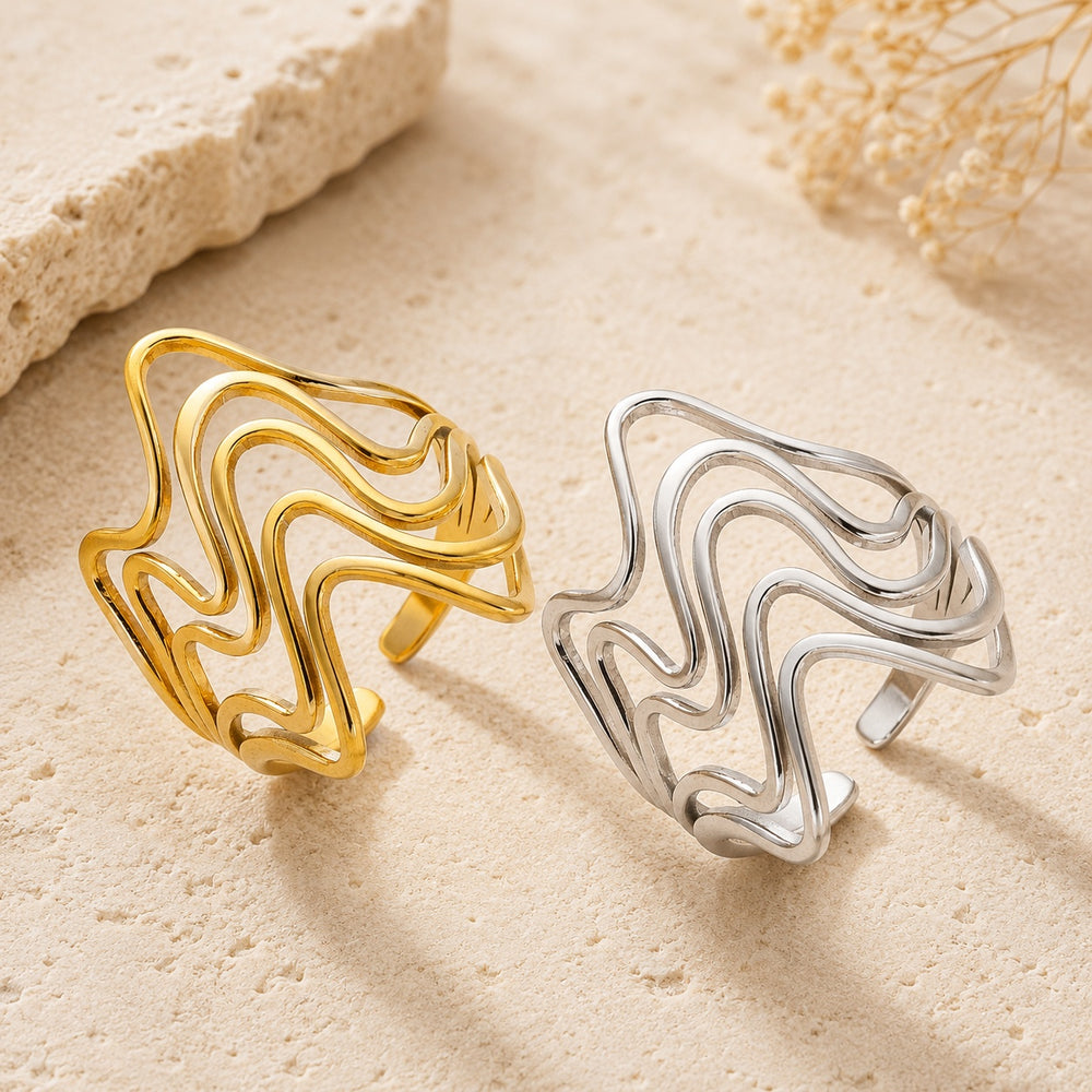18K Gold-Plated Stainless Steel Womens Smooth Adjustable Open Cuff Ring Silver R206 product image 1
