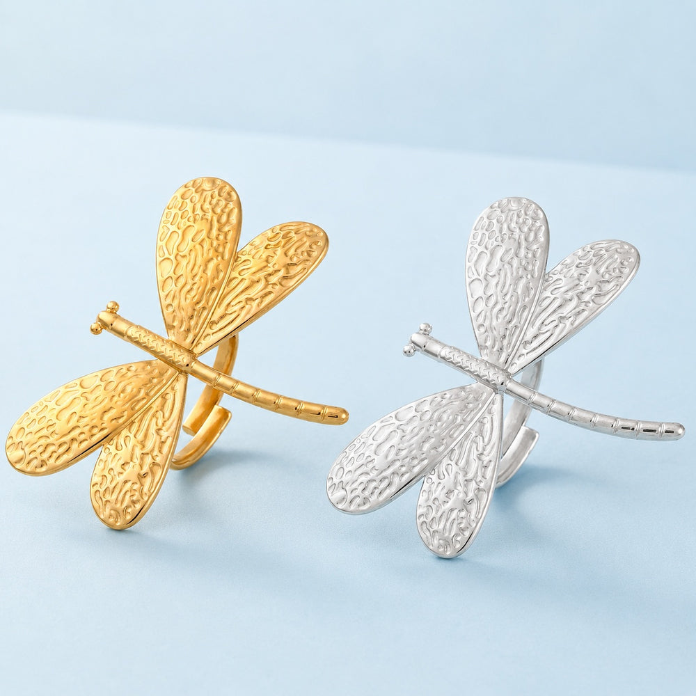 Stainless Steel Statement Dragonfly Textured Adjustable Open Cuff Ring Silver Gold R208 product image 1
