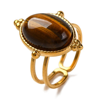 Stainless Steel Oval Tiger Eye Polished Faceted Bezels Adjustable Cuff Ring Gold R230 product image 1