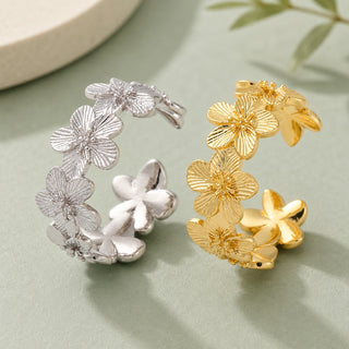 18K Gold-Plated Flower Womens Textured Shiny Floral Adjustable Open Cuff Ring Silver R233 product image 1