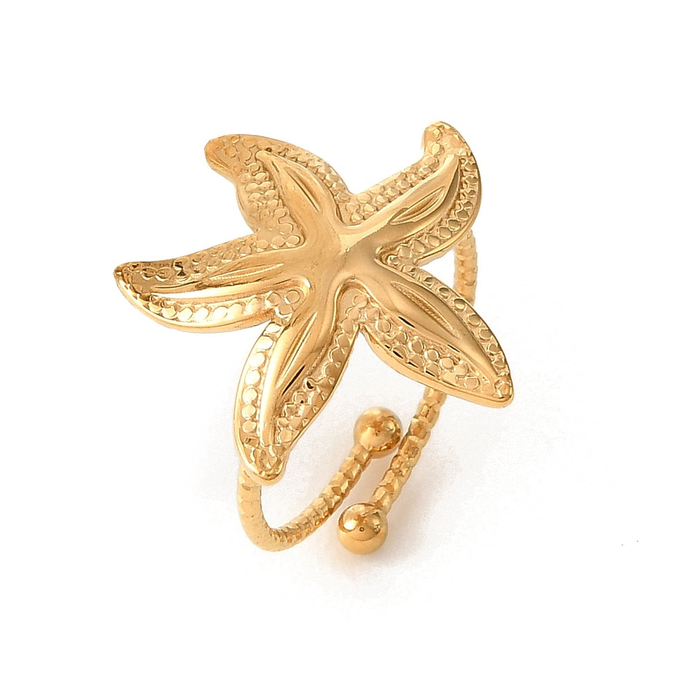 Stainless Steel Starfish Ocean Polished Textured Star Adjustable Open Ring Gold R238 product image 1