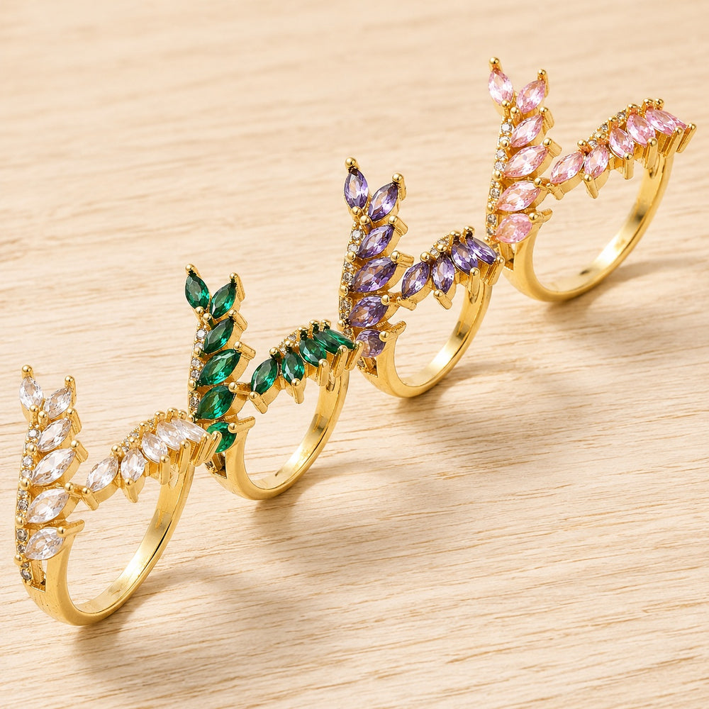 18K Gold-Plated Cubic Zirconia Micro Pave Leaf Polished Adjustable Open Cuff Ring R239 product image 1