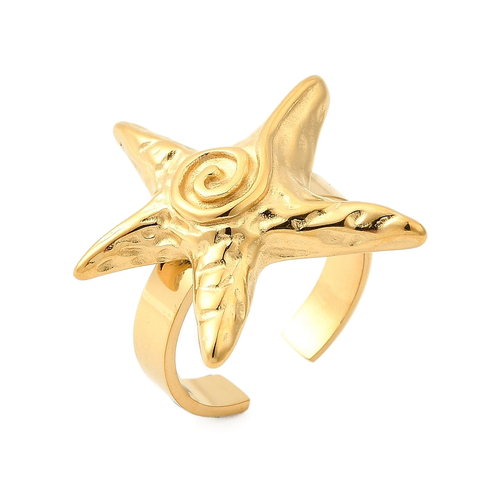 Stainless Steel Starfish Ocean Womens Polished Textured Shiny Star Adjustable Cuff Ring Gold R245 product image 1