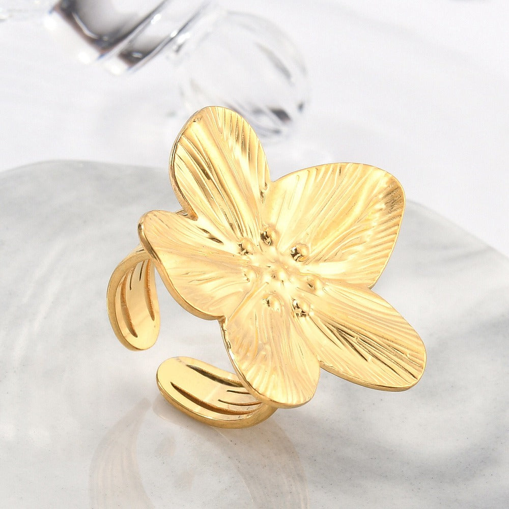 18K Gold-Plated Stainless Steel Flower Polished Textured Adjustable Open Ring R247 product image 1