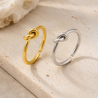 18K Gold-Plated Stainless Steel Simple Shiny Knot Adjustable Open Cuff Ring Silver R249 product image 1