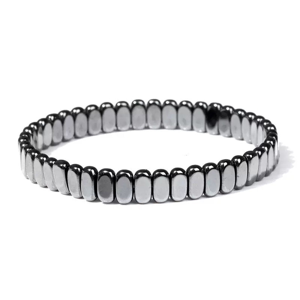Hematite Oval Beaded Mens Shiny Adjustable Stretch Bracelet Black Silver Gray 7.48 in T137 product image 1