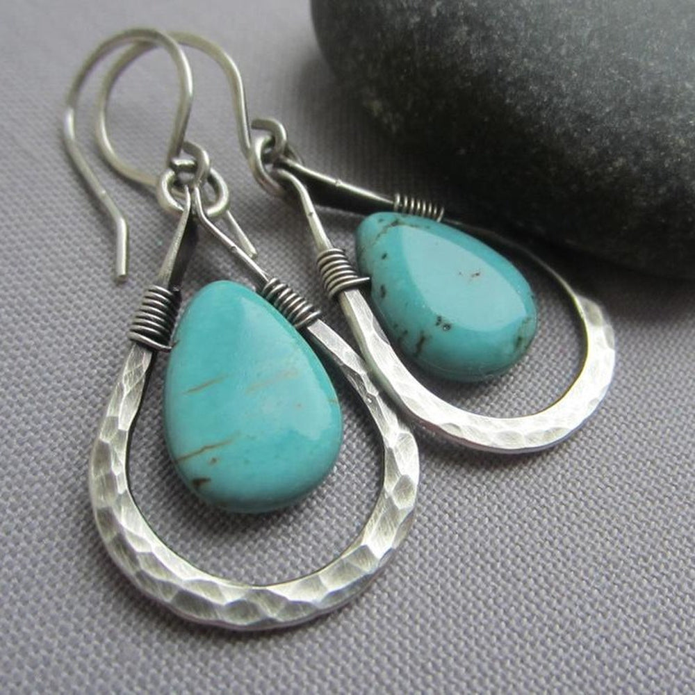 Drop Teardrop Hammered Teardrop-Shaped Stones Dangle Earrings Turquoise Silver 1.42 in E169 product image 1