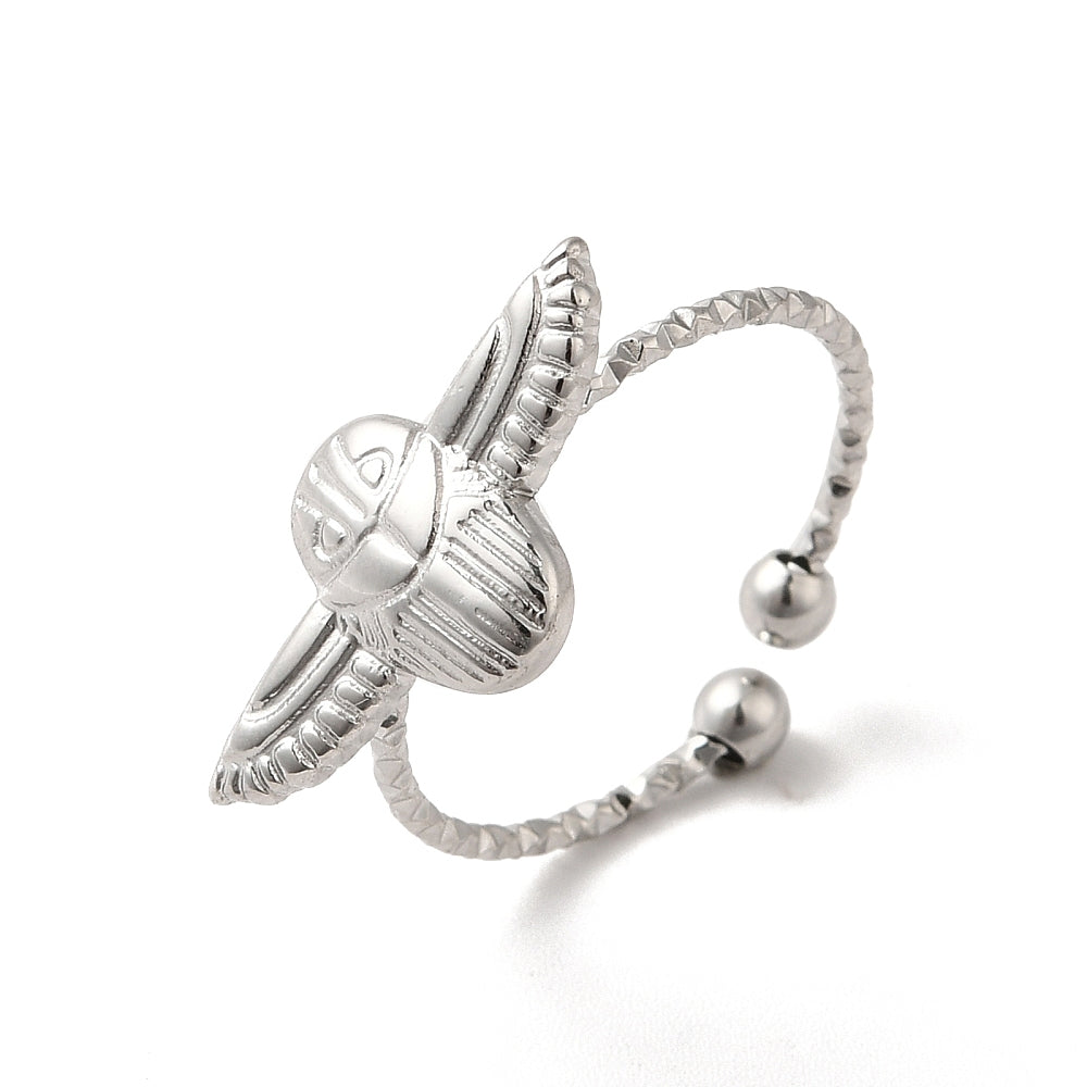 Stainless Steel Womens Polished Shiny Central Spherical Element Wings Adjustable Open Cuff Ring Silver R273 product image 1