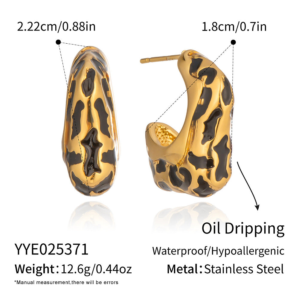 18K Gold-Plated Stainless Steel Enamel Nuggets Oval Stud Earrings Black 0.87 in E177 product image 1