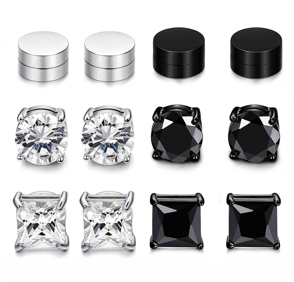 3 Pair Men Women Stainless Steel Magnetic Stud Earrings Non-Piercing Clip on E41