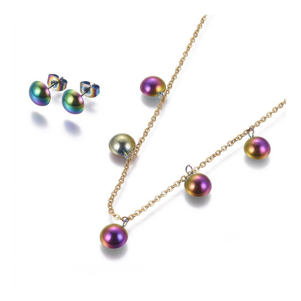 Stainless Steel Set Pendant Necklace Stud Earrings Back Half Round 16.9" P692