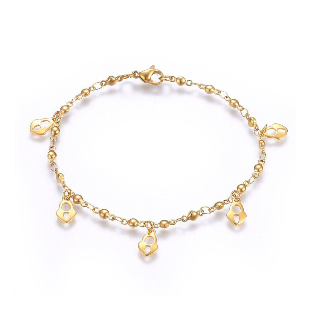 304 Stainless Steel Charm Bracelet Lobster Heart Lock Gold 8.2" 3mm A95