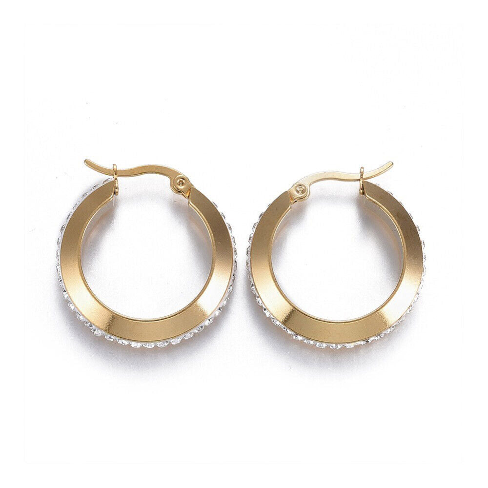 Gold Stainless Steel Hoop Earrings Polymer Clay Zirconia Ring 27x5mm A187