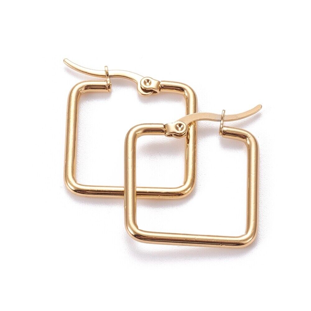 201 Stainless Steel Hoop Earrings Square Gold 25x22x2mm Pin 0.7x1mm P540