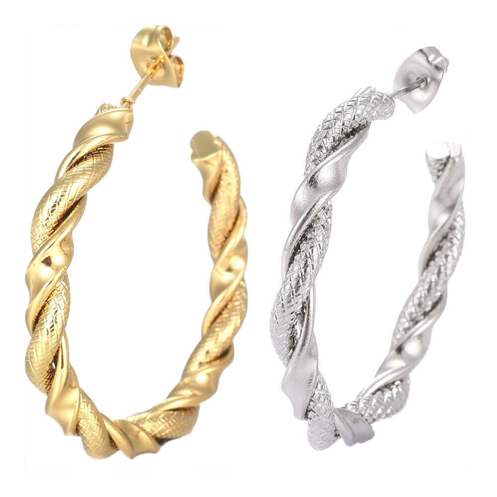 Stainless Steel Half Hoop Earrings Stud Hypoallergenic Twisted Ring Gold Z279