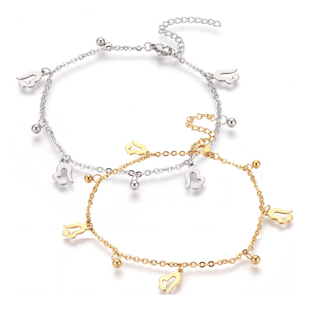 304 Stainless Steel Charm Anklet Bracelet Heart Round Silver Gold 9" 2mm A52