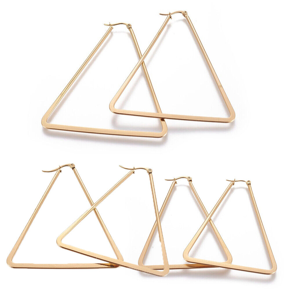 304 Stainless Steel Hoop Earrings Triangle Gold 64x51x2mm Pin 0.8mm P612