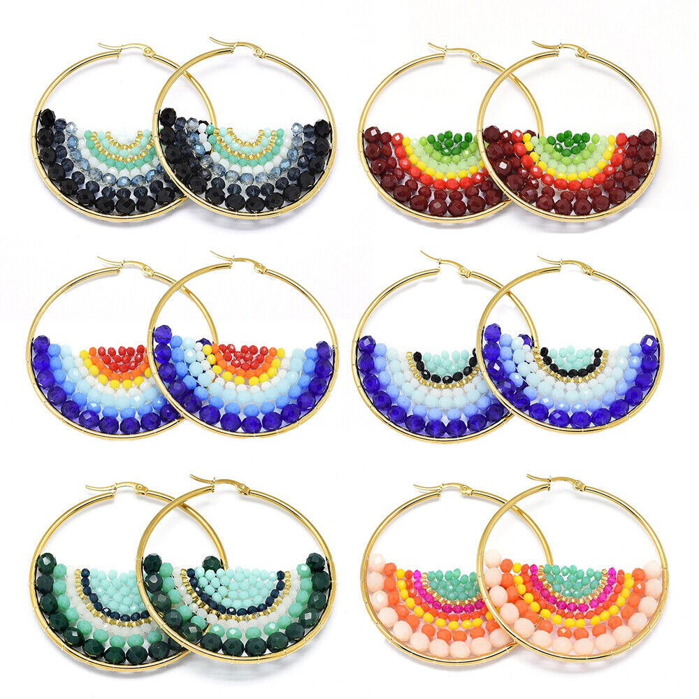 Stainless Steel Hoop Earrings Glass Beads Black Gold Blue Green 56x54x56mm P347