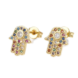 Zirconia Earrings Studs Hamsa Hand of Fatima Miriam Gold 11x9mm Pin 0.7mm P638